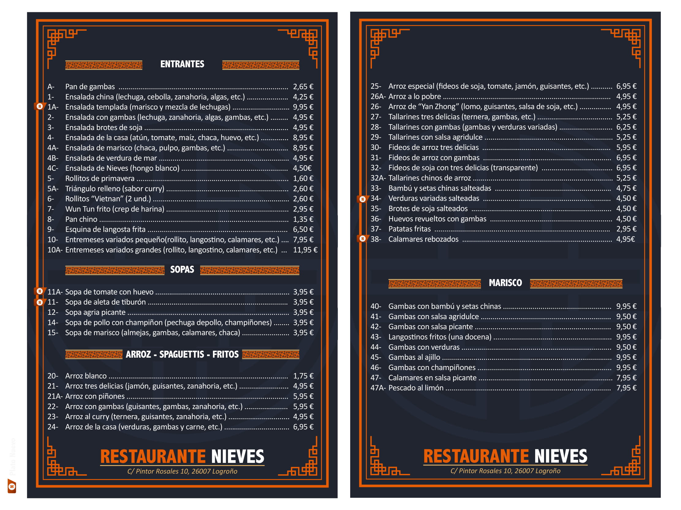 Restaurante Chino Nieves Carta